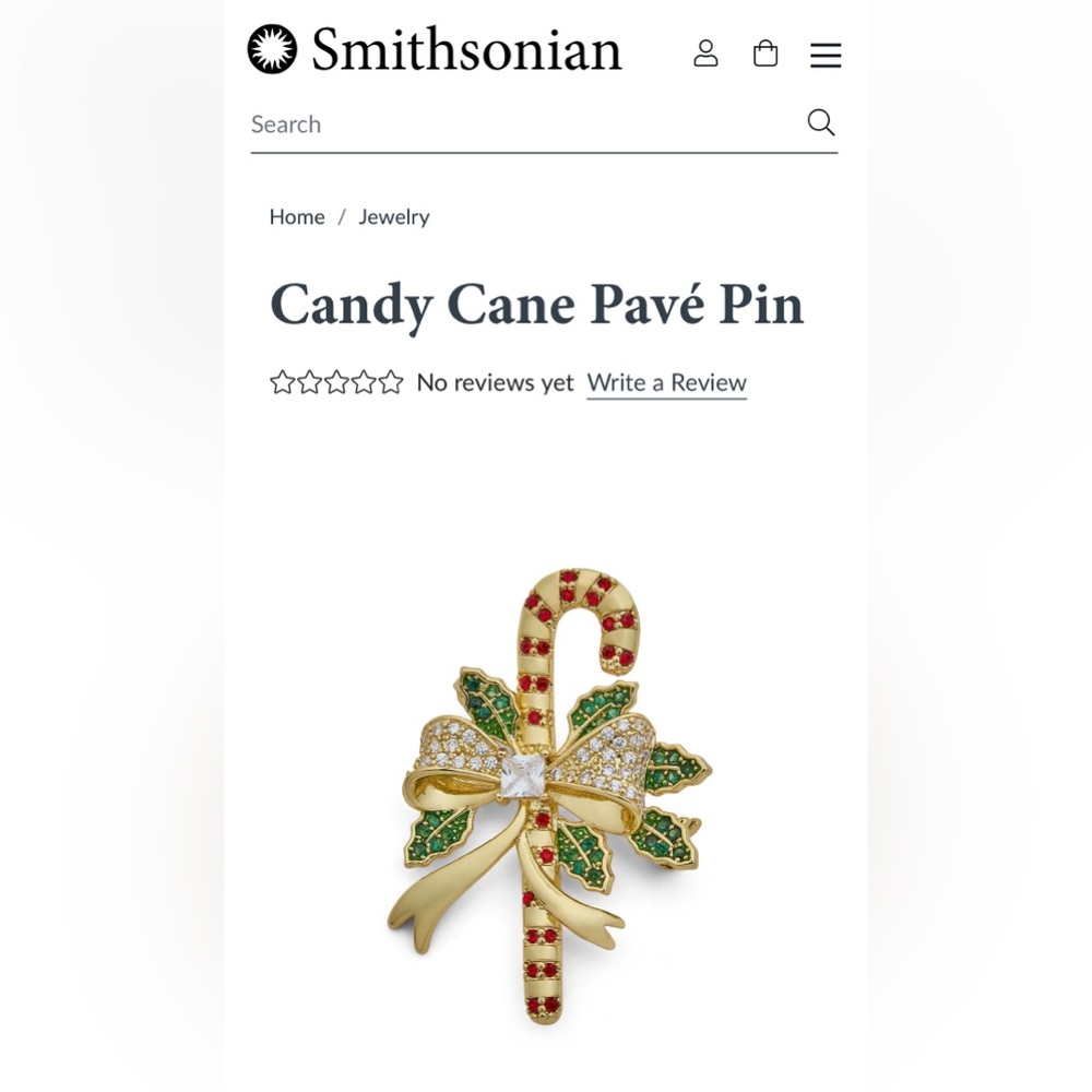 New Smithsonian Candy Cane Christmas Holiday Gold Brooch Pin New